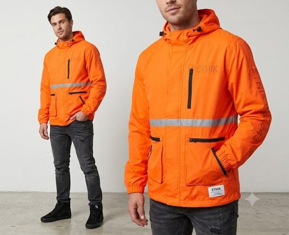 Ethik Utility Workwear Hooded Windbreaker Neon Orange Medium Reflective